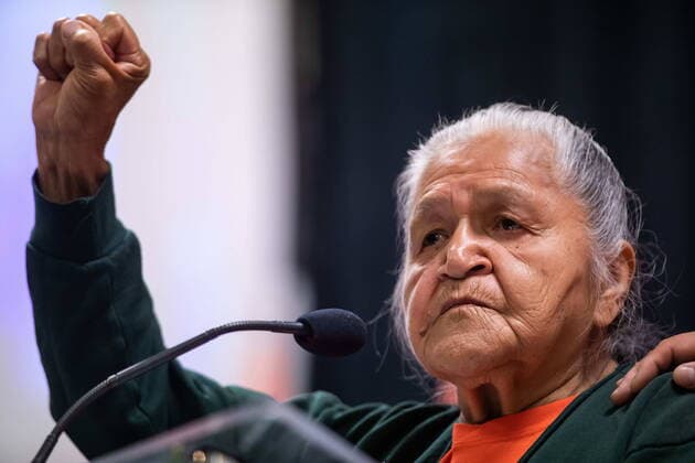 July 15, 2021, Kamloops, BC, Canada: Kamloops Indian Residential School survivor EVELYN CAMILLE, 82, raises her fist as she speaks about her experience at the school after the Tk emlups te Secwepemc First Nation released a report outlining the findings of a search of the former residential school property using ground-penetrating radar, in Kamloops, B.C., on Thursday. The remains of 215 children have been found buried near the former school. Kamloops Canada  - ZUMAc35_ 20210715_zaf_c35_021 Copyright: xDarrylxDyckx
