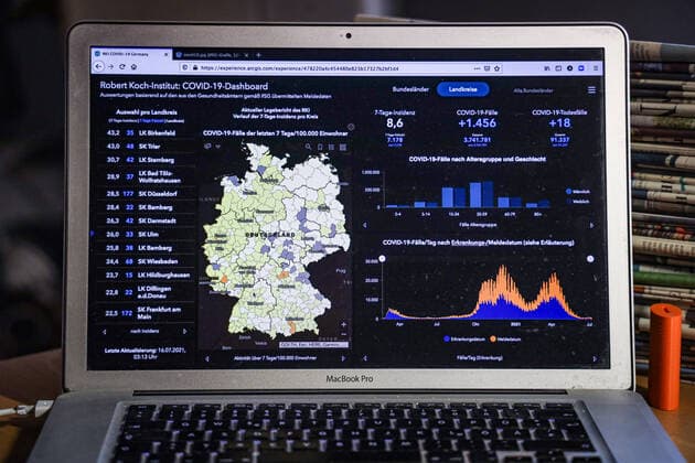 Coronavirus in Germany Covid 19 Dashboard of the Robert Koch Institute 16 07 2021 Robert Koch Institute 7 days Incidence 8.6 7 days Number of cases 7 178 COVID 19 cases 3 741 781 Addition of 1 456 compared to the previous day COVID 19 deaths 91 337 Addition of 18 compared to the previous day