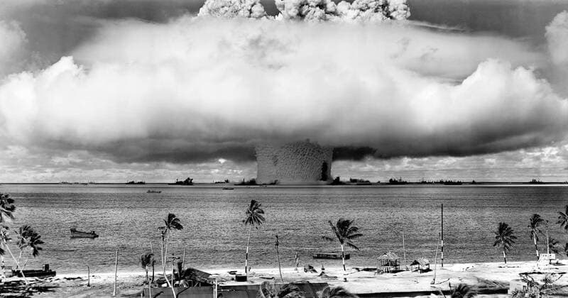 Operation Crossroads was a pair of nuclear weapon tests conducted by the United States at Bikini Atoll in mid-1946. They were the first nuclear weapon tests since Trinity in July 1945, and the first detonations of nuclear devices since the atomic bombing of Nagasaki on August 9, 1945.<br ><br > The purpose of the tests was to investigate the effect of nuclear weapons on warships. USA Marshall Islands: Mushroom-shaped cloud and water column from the underwater Baker nuclear explosion of July 25, 1946. Photo taken from a tower on Bikini Island, 3.5 miles (5.6 km) distant xSupplier:xCPAxMediaxCo.xLtd.x Copyright: xx
