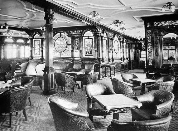 RMS Titanic was a British passenger liner that sank in the North Atlantic Ocean in the early morning of 15 April 1912, after colliding with an iceberg during her maiden voyage from Southampton to New York City.<br ><br > Of the 2,224 passengers and crew aboard, more than 1,500 died in the sinking, making it one of the deadliest commercial peacetime maritime disasters in modern history. The largest ship afloat at the time it entered service, the RMS Titanic was the second of three Olympic class ocean liners operated by the White Star Line, and was built by the Harland and Wolff shipyard in Belfast. UK: RMS Titanic, The A La Carte Restaurant, c. 1912 xSupplier:xCPAxMediaxCo.xLtd.x Copyright: xx