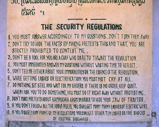 Located in Phnom Penh, the capital of Cambodia, Tuol Sleng is a former high school which was used as the notorious Security Prison 21 (S-21) by the Khmer Rouge communist regime from its rise to power in 1975 to its fall in 1979. An estimated 17,000 Cambodians, including a great number of women and children, were tortured at S-21 into giving confessions and naming accomplices for so-called crimes against the state. Many of the Khmer Rouge™s own cadres were killed at Tuol Sleng after being purged from the Communist Party. Only seven persons are known to have survived S-21. Tuol Sleng means Hill of the Poisonous Trees or Strychnine Hill . The site is now the Tuol Sleng Genocide Museum. Cambodia: Security regulations for prisoners, Tuol Sl xCPAxMediaxCo.xLtd.x Copyright: xDavidxHenleyx