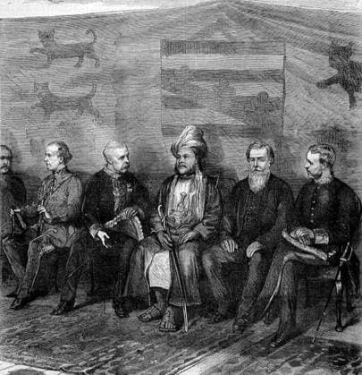 IMAGO History, Ende des afrikanischen Sklavenhandels und die Abschaffung der Sklaverei: 1807-1888 Sayyid Barghash bin Said Al-Busaid, GCMG, GCTE (1837 March 26, 1888) (Arabic: Ø¨Ø±ØºØ Ø¨ÙÜ Ø³Ø¹ÙäØ¯ ØßÙ Ø¨ÙˆØ³Ø¹ÙäØ¯Ž), son of Said bin Sultan, was the second Sultan of Zanzibar. Barghash ruled Zanzibar from October 7, 1870 to March 26, 1888.<br ><br > Sir Henry Bartle Edward Frere, 1st Baronet, GCB, GCSI, (29 March 1815 29 May 1884) was a British colonial administrator. In 1872 the foreign office sent him to Zanzibar to negotiate a treaty with the sultan, Barghash bin Said, for the suppression of the slave traffic. Tanzania Zanzibar: Sayyid Barghash bin Said al-Busaid, Sultan of Zanzibar (r. 1870-1878), negotiating with British colonial official Sir Bartle Frere at Zanzibar in 1872 xSupplier:xCPAxMediaxCo.xLtd.x Copyright: xx
