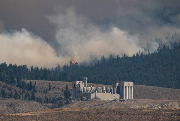 July 16, 2021, Ashcroft, BC, Canada: A tree candles as the Tremont Creek wildfire burns behind the IG Machine & Fibers roofing granule plant, where rock is crushed and coloured and then shipped elsewhere to create roofing shingles, in Ashcroft, B.C., on Friday, July 16, 2021. Ashcroft Canada - ZUMAc35_ 20210716_zaf_c35_074 Copyright: xDarrylxDyckx