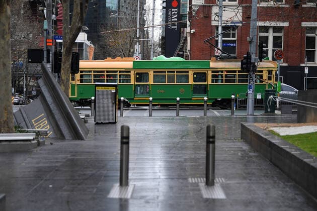 VIC COVID19 LOCKDOWN, An empty street scene is seen in Melbourne, Saturday, July 17, 2021. Victoria is in day two of its latest COVID-19 lockdown as health authorities race to keep up with fleeting transmission of the virus. ( NO ARCHIVING, EDITORIAL USE ONLY, NO USE IN BOOKS WITHOUT CONSENT MELBOURNE VIC AUSTRALIA  Copyright: xJAMESxROSSx 20210717001557885265