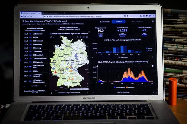 Coronavirus in Germany Covid 19 Dashboard of the Robert Koch Institute 18 07 2021 Robert Koch Institute 7 days Incidence 10.0 7 days Number of cases 8 344 COVID 19 cases 3 744 681 Addition of 1 292 compared to the previous day COVID 19 deaths 91 362 Addition of 3 compared to the previous day