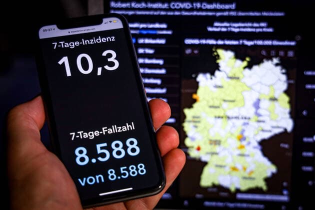 Coronavirus in Germany Covid 19 Dashboard of the Robert Koch Institute 19 07 2021 Robert Koch Institute 7 days Incidence 10.3 7 days Number of cases 8 588 COVID 19 cases 3 745 227 Addition of 546 compared to the previous day COVID 19 deaths 91 363 Addition of 1 compared to the previous day