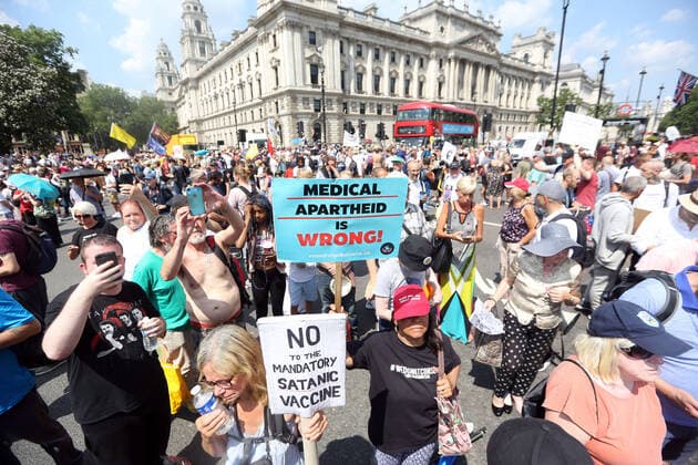 July 19, 2021, London, England, United Kingdom: Anti-lockdown and anti-vaccine protesters stage a demonstration in central London. Almost all coronavirus restrictions including social distancing and mask wearing are lifted in England from today onwards. The final stage of lockdown lifting acmes as countryÃ¢â‚¬â ¢s Health Secretary Sajid Javid tested positive for coronavirus and Prime Minister Boris Johnson and Chancellor RIshi Sunak pinged by NHS app and. Started self-isolation. London United Kingdom - ZUMAs262 20210719_zip_s262_072 Copyright: xTayfunxSalcix