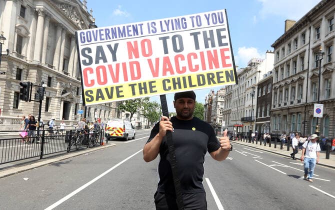 July 19, 2021, London, England, United Kingdom: Anti-lockdown and anti-vaccine protesters stage a demonstration in central London. Almost all coronavirus restrictions including social distancing and mask wearing are lifted in England from today onwards. The final stage of lockdown lifting acmes as countryÃ¢â‚¬â ¢s Health Secretary Sajid Javid tested positive for coronavirus and Prime Minister Boris Johnson and Chancellor RIshi Sunak pinged by NHS app and. Started self-isolation. London United Kingdom - ZUMAs262 20210719_zip_s262_091 Copyright: xTayfunxSalcix