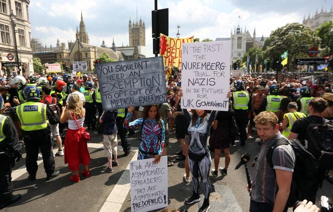 July 19, 2021, London, England, United Kingdom: Anti-lockdown and anti-vaccine protesters stage a demonstration in central London. Almost all coronavirus restrictions including social distancing and mask wearing are lifted in England from today onwards. The final stage of lockdown lifting acmes as countryÃ¢â‚¬â ¢s Health Secretary Sajid Javid tested positive for coronavirus and Prime Minister Boris Johnson and Chancellor RIshi Sunak pinged by NHS app and. Started self-isolation. London United Kingdom - ZUMAs262 20210719_zip_s262_094 Copyright: xTayfunxSalcix