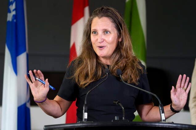 July 19, 2021, BOISBRIAND, PQ, Canada: Finance Minister Chrystia Freeland responds to a question during a news conference in Boisbriand, Que. on Monday, July 19, 2021. BOISBRIAND Canada  - ZUMAc35_ 20210719_zaf_c35_001 Copyright: xPaulxChiassonx