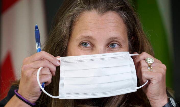 July 19, 2021, BOISBRIAND, PQ, Canada: Finance Minister Chrystia Freeland slips on her mask following a news conference in Boisbriand, Que. on Monday, July 19, 2021. BOISBRIAND Canada  - ZUMAc35_ 20210719_zaf_c35_005 Copyright: xPaulxChiassonx