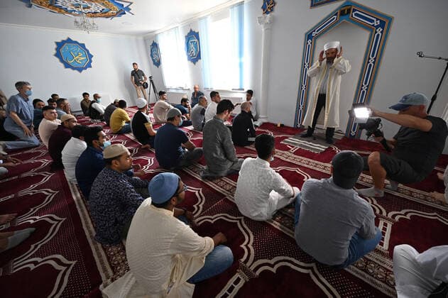 SIEVIERODONETSK, UKRAINE - JULY 20, 2021- Imam Tymur Beridze head the Eid al-Adha prayer service at the Basmala Islamic Cultural Centre in Sievierodonetsk, Luhansk Region, eastern Ukraine. Eid al-Adha prayer in Sievierodonetsk  Copyright: xOleksiixKovalovx