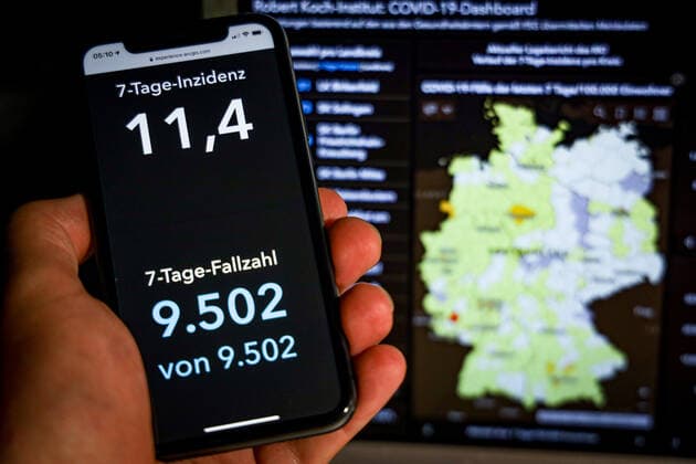 Coronavirus in Germany Covid 19 Dashboard of the Robert Koch Institute 21 07 2021 Robert Koch Institute 7 days Incidence 11.4 7 days Number of cases 9 502 COVID 19 cases 3 748 613 Addition of 2 203 compared to the previous day COVID 19 deaths 91 416 Addition of 19 compared to the previous day