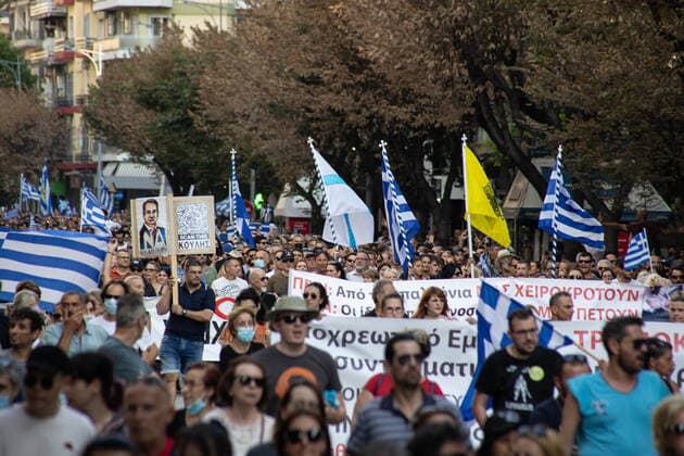 Demonstration Against The Mandatory Vaccine In Thessaloniki Demonstration Against The Mandatory Vaccine was held in Thessaloniki and Athens in Greece on Wednesday July 21, 2021. One week after the massive protest against the mandatory vaccination the anti-vaxx campaign continues with a big group protesting in the streets of the city of Thessaloniki. The protest was organized via social media by anti-vaccination believers. According to the group more than 40.000 people participated, while the police estimated unofficially slightly around 15.000 people participating in the demonstration. As the Greek government is passing a legislation with mandatory vaccination to specific job sectors like medical healthcare workers etc people are protestin  Copyright: xNicolasxEconomoux