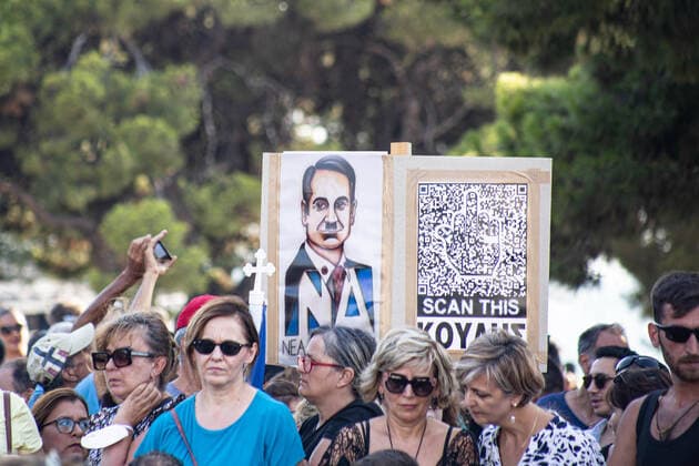 Demonstration Against The Mandatory Vaccine In Thessaloniki The Greek PM Kyriakos Mitsotakis depicted as a Caricature referring to Hitler. Demonstration Against The Mandatory Vaccine was held in Thessaloniki and Athens in Greece on Wednesday July 21, 2021. One week after the massive protest against the mandatory vaccination the anti-vaxx campaign continues with a big group protesting in the streets of the city of Thessaloniki. The protest was organized via social media by anti-vaccination believers. According to the group more than 40.000 people participated, while the police estimated unofficially slightly around 15.000 people participating in the demonstration. As the Greek government is passing a legislation with mandatory vaccination t  Copyright: xNicolasxEconomoux