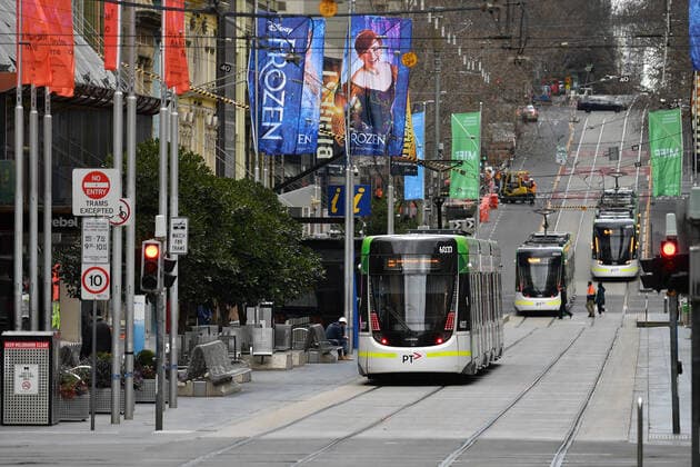 VICTORIA CORONAVIRUS COVID19, Trams are seen along Bourke Street in Melbourne, Friday, July 23, 2021. Victoria has recorded 14 new cases of locally acquired Covid19 in the past 24 hours. ( NO ARCHIVING, EDITORIAL USE ONLY, NO USE IN BOOKS WITHOUT CONSENT MELBOURNE VIC AUSTRALIA  Copyright: xJAMESxROSSx 20210723001559318392