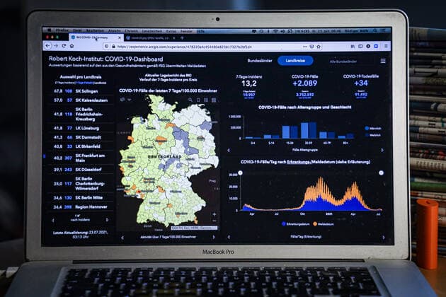 Coronavirus in Germany Covid 19 Dashboard of the Robert Koch Institute 23 07 2021 Robert Koch Institute 7 days Incidence 13.2 7 days Number of cases 10 957 COVID 19 cases 3 752 592 Addition of 2 089 compared to previous day COVID 19 deaths 91 492 Addition of 34 compared to previous day