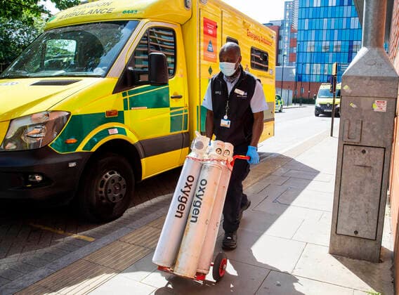 . 23 07 2021. London, United Kingdom. New Oxygen cycinders arrive. Hospitals are under pressure as a steady stream of patients arrive at the Royal London Hospital in Whitechapel. Infection rates continue to soar with approximately 741,700 people testing positive, days after Boris Johnson confirmed the removal of all Covid-19 legal restrictions on Freedom Day. Hospitals also have a big backlog of patients. This is one day after NHS staff were offered a 3% pay rise.Nurses and staff are considering strike action. Royal London Hospital. Whitechapel.  xMarkxThomasx xi-Imagesx IIM-22442-0008