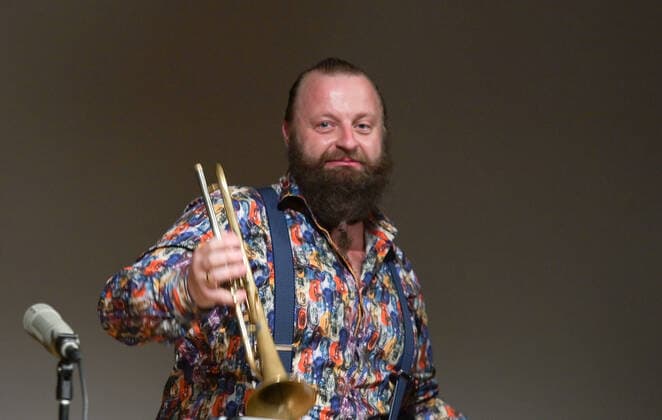 Concert of Georg Breinschmid bass Benjamin Schmid violinist and Thomas Gansch trumpet player , in the context of the Salzkammergut Festwochen Gmunden, in the Kongresshaus Toskana in Gmunden , on 24 07 21 The picture shows the trumpet player Thomas Gansch 2021 Concert of Georg Breinschmid bass