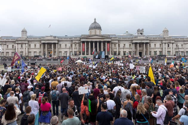 July 24, 2021, London, United Kingdom: Crowd of Freedom Fighters seen filling Trafalgar Square, during the ˜24th July Freedom Day London™ demonstration..The World Wide Rally for Freedom in London was part of a worldwide initiative to call for greater human rights protection in light of restrictions made over the pandemic. Specifically, protestors in London demanded no vaccine IDs and passports and medical freedom. The rally took place at Trafalgar Square. London United Kingdom - ZUMAs197 20210724_zaa_s197_222 Copyright: xBelindaxJlaox