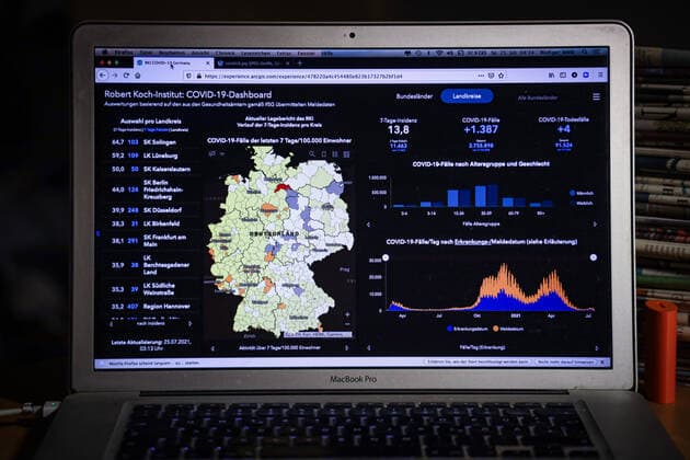 Coronavirus in Germany Covid 19 Dashboard of the Robert Koch Institute 25 07 2021 Robert Koch Institute 7 days Incidence 13.8 7 days Number of cases 11 463 COVID 19 Cases 3 755 898 Addition by 1 387 compared to previous day COVID 19 Deaths 91 524 Addition by 4 compared to previous day