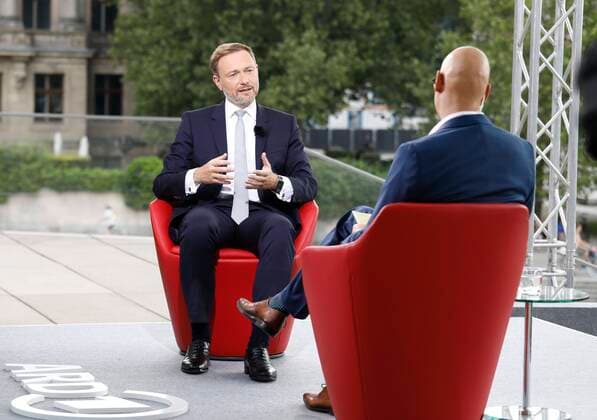 Christian Lindner, Federal Chairman of the FDP , Host Matthias Deiß, Germany, Berlin, ARD Summer Interview with Christian Lindner, Federal Chairman of the FDP