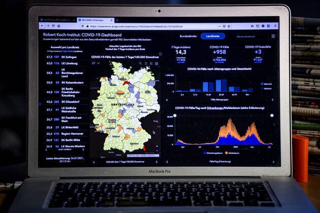 Coronavirus in Germany Covid 19 Dashboard of the Robert Koch Institute 26 07 2021 Robert Koch Institute 7 days Incidence 14.3 7 days Number of cases 11 925 COVID 19 cases 3 756 856 Addition by 958 the previous day COVID 19 deaths 91 527 Addition by 3 compared to the previous day