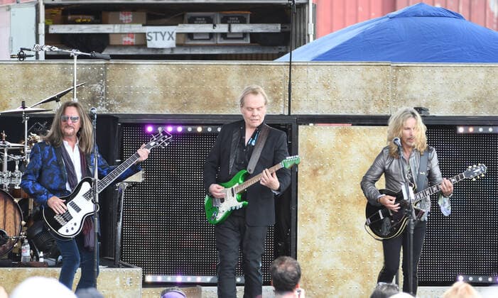 Readington, NJ, - JULY 25: Ricky Phillips, Tommy Shaw, James Young of Styx preforms in concert at the The 38th annual New Jersey Lottery Festival of Ballooning on JULY 25, 2021 in Readington, NJ . Copyright: xJohnxPalmerx