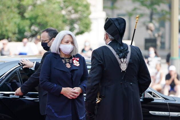 July 26, 2021, Ottawa, on, Canada: Governor General Designate Mary Simon is greeted by the Usher of the Black Rod J. Greg Peters as she arrives for the Governor General of Canada installation ceremony in Ottawa on Monday, July 26, 2021. Ottawa Canada  - ZUMAc35_ 20210726_zaf_c35_040 Copyright: xSeanxKilpatrickx