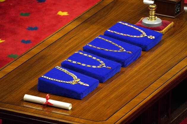 July 26, 2021, Ottawa, on, Canada: The Collars of Office are shown during the installation of Mary Simon as Governor General of Canada in Ottawa on Monday, July 26, 2021. Ottawa Canada  - ZUMAc35_ 20210726_zaf_c35_052 Copyright: xSeanxKilpatrickx