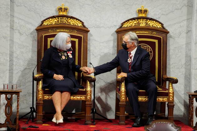 July 26, 2021, Ottawa, on, Canada: Mary Simon and her husband Whit Fraser hold hands after she took the oath to become the 30th governor general of Canada in Ottawa on Monday, July 26, 2021. Ottawa Canada  - ZUMAc35_ 20210726_zaf_c35_055 Copyright: xPaulxChiassonx