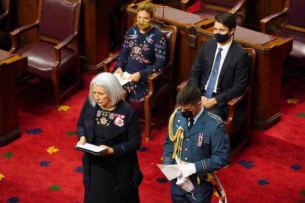 July 26, 2021, Ottawa, on, Canada: Mary Simon takes part in the Taking of the Oaths as Prime Minister Justin Trudeau and wife Sophie Gregoire Trudeau look on during the installation ceremony for the Governor General of Canada in Ottawa on Monday, July 26, 2021. Ottawa Canada  - ZUMAc35_ 20210726_zaf_c35_061 Copyright: xSeanxKilpatrickx