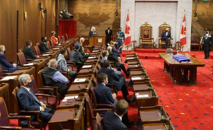 July 26, 2021, Ottawa, on, Canada: Governor General Mary Simon delivers a speech during a ceremony in the Senate in Ottawa on Monday, July 26, 2021. Ottawa Canada  - ZUMAc35_ 20210726_zaf_c35_102 Copyright: xPaulxChiassonx
