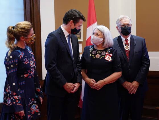 July 26, 2021, Ottawa, on, Canada: Mary Simon, centre right, and Prime Minister Justin Trudeau, centre left, speak as Sophie Gregoire Trudeau, left, and Whit Fraser look on takes part in the Signing of the Oath Registry after she took the oath to become the 30th Governor General of Canada in Ottawa on Monday, July 26, 2021. Ottawa Canada - ZUMAc35_ 20210726_zaf_c35_111 Copyright: xSeanxKilpatrickx