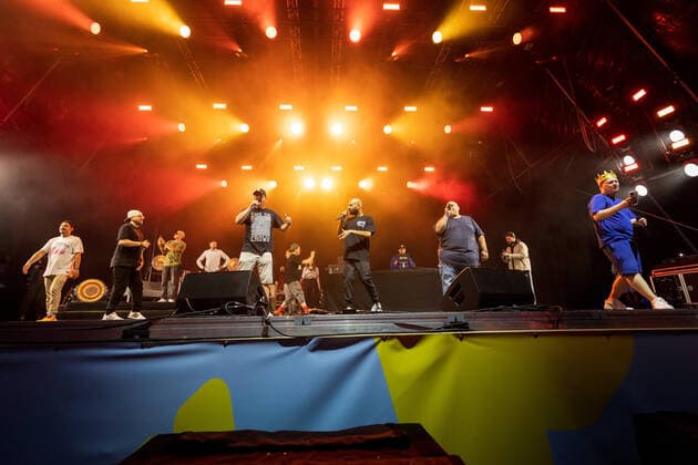 In the foreground Eko Fresh, Manny Mark, Tatwaffe, G Style, Gianni Navarro, Jens Knossi Knossalla Knossi, Die Atzen Friends at the live performance at BonnLive Kulturgarten Bonn, 27 07 2021 BonnLive is a cooperation between fünfdrei Eventagentur and Rheinevents Bonn Am Römerbad NRW Germany