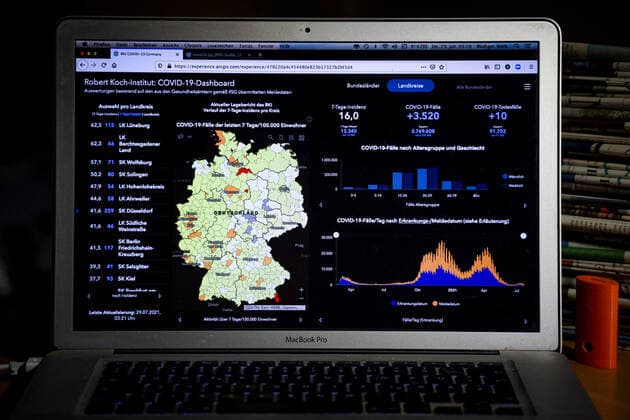 Coronavirus in Germany Covid 19 Dashboard of the Robert Koch Institute 29 07 2021 Robert Koch Institute 7 days Incidence 16.0 7 days Number of cases 13 340 COVID 19 cases 3 769 608 Addition by 3 520 the previous day COVID 19 deaths 91 702 Addition by 10 compared to the previous day