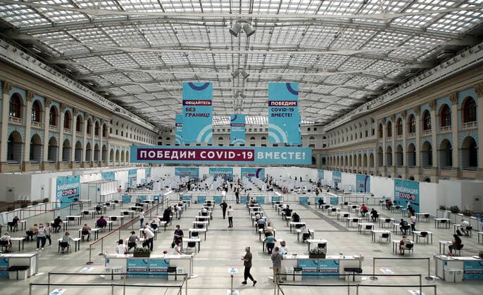MOSCOW, RUSSIA - JULY 29, 2021: A view of the largest Russian COVID-19 vaccination site set up at the Gostiny Dvor Exhibition Centre, oncology patients also given injections. Anton Novoderezhkin TASS  TS10A3F1