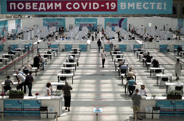 MOSCOW, RUSSIA - JULY 29, 2021: A view of the largest Russian COVID-19 vaccination site set up at the Gostiny Dvor Exhibition Centre, oncology patients also given injections. Anton Novoderezhkin TASS  TS10A3F2