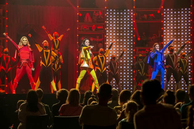Klaasje Meijer of K3, Marthe De Pillecyn of K3 and Hanne Verbruggen of K3 perform at the premiere of Studio 100 s new K3 show, in Hasselt, Friday 30 July 2021. This is the farewell show of Klaasje, who has announced she will be quitting K3.  NICOLASxMAETERLINCK 3050644