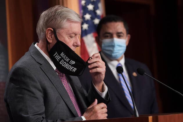 July 30, 2021, Washington, Distric of Columbia, USA: US Senator LINDSEY GRAHAM(R-SC)(left) and Congressman HENRY CUELLAR(D-TX)(right) hold a press conference about The US-Mexico Border, today on July 30, 2021 at Senate Estudio Capitol Hill in Washington DC, USA. Washington USA - ZUMAn298 20210730_znp_n298_009 Copyright: xLeninxNollyx