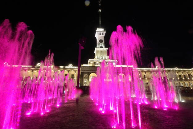 MOSCOW, RUSSIA - JULY 30, 2021: Lit fountains near the North River Terminal at night. Sergei Karpukhin TASS  TS10A831