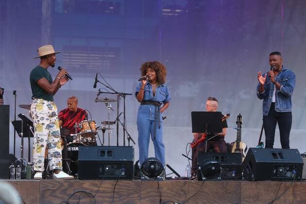 NEW YORK, NY- JULY 30: Jhardon Milton, Adrienne Warren and Matthew Griffin perform during Carnegie Hall Citywide: Adrienne Warren and Friends, held in Bryant Park, on July 30, 2021, in New York City. Copyright: xJosephxMarzullox