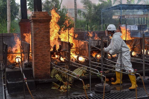 Bilder des Jahres 2021, News 08 August News Themen der Woche KW31 News Bilder des Tages August 2, 2021, Bangli, Indonesia: (EDITORS NOTE: Image depicts death).A worker of the crematorium organization dressed in a protective suit cremates a bodies of Covid-19 victims at a Crematorium..Balinese Hindu community performs cremation for the dead bodies of Covid-19 victims at Sagraha Mandrakantha Santhi crematorium. Indonesia has so far confirmed 3,440,396 Coronavirus cases with 2,809,538 Recovered and 95,723 Deaths. Bangli Indonesia - ZUMAs197 20210802_zaa_s197_077 Copyright: xDickyxBisinglasix