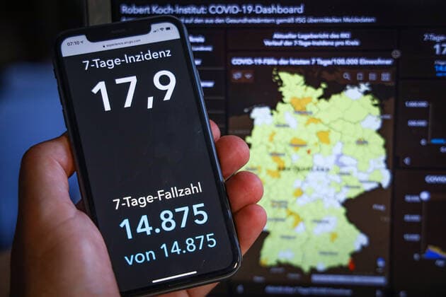 Coronavirus in Germany Covid 19 Dashboard of the Robert Koch Institute 03 08 2021 Robert Koch Institute 7 days Incidence 17.9 7 days Number of cases 14 875 COVID 19 cases 3 773 875 Addition by 1 766 the previous day COVID 19 deaths 91 679 Addition by 19 the previous day
