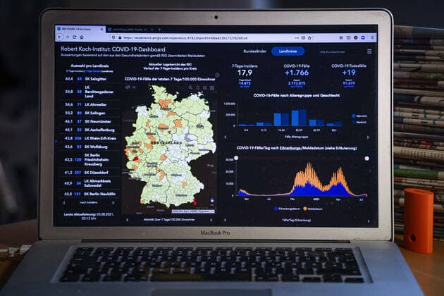 Coronavirus in Germany Covid 19 Dashboard of the Robert Koch Institute 03 08 2021 Robert Koch Institute 7 days Incidence 17.9 7 days Number of cases 14 875 COVID 19 cases 3 773 875 Addition by 1 766 the previous day COVID 19 deaths 91 679 Addition by 19 the previous day