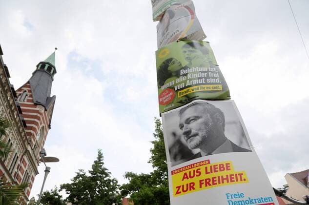 Erfurt election posters 03 08 2021 , Erfurt, election posters for the upcoming federal election in September are fixed on the Anger at light poles and street signs in the picture FDP Christian Lindner, Bündnis90 Die Grünen, CDU Antje Tillmann