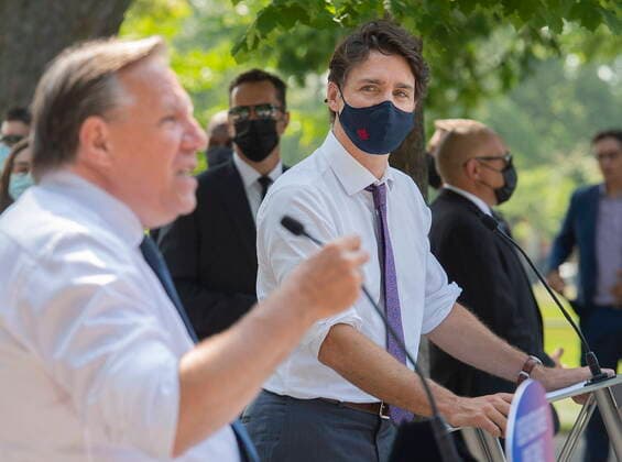 August 5, 2021, Montreal, PQ, Canada: Prime Minister Justin Trudeau, right, and Quebec Premier Francois Legault, right, speak during a childcare funding announcement in Montreal, Thursday, August 5, 2021. Montreal Canada - ZUMAc35_ 20210805_zaf_c35_068 Copyright: xGrahamxHughesx