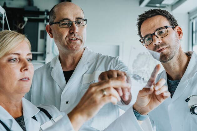 Scientists discussing about human brain slide while standing at laboratory model released Symbolfoto property released MFF06554