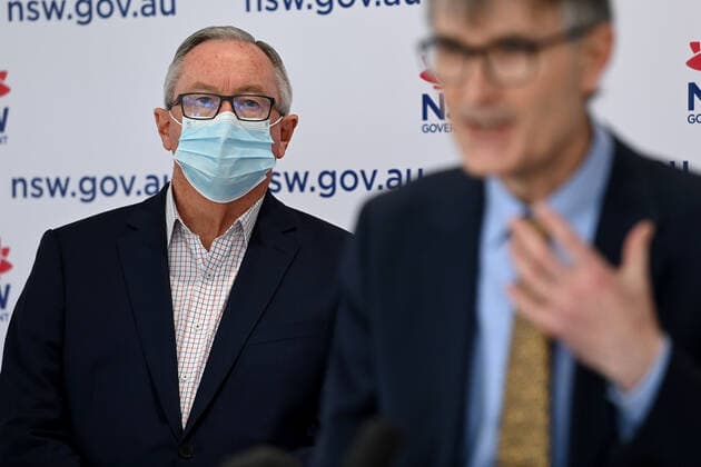 BRAD HAZZARD COVID19 PRESSER, NSW Health Minister Brad Hazzard (left) wears a face mask during a COVID-19 press conference in Sydney, Saturday, August 7, 2021. NSW recorded 319 new locally acquired cases of COVID-19 in the 24 hours to 8pm last night. ( NO ARCHIVING, EDITORIAL USE ONLY, NO USE IN BOOKS WITHOUT CONSENT SYDNEY NSW AUSTRALIA  Copyright: xBIANCAxDExMARCHIx 20210807001565042016