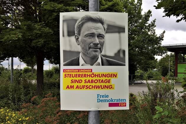 Election poster of Christian Lindner, FDP Free Democrats , advertising for the election 2021 slogan tax increases are sabotage of the recovery